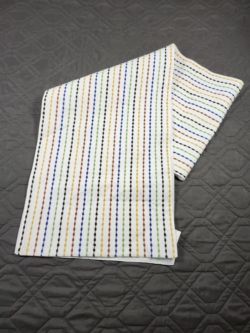 Jenny Martinez Gamma Stripe table runner rainbow-colored embroidered lines, Wear